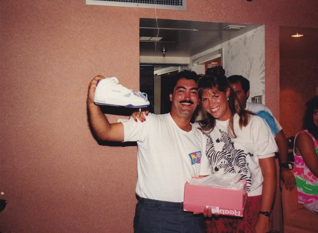 A gift from the gang: Shawn ONeill and Kim Morgan in the Hospitality Suite at the 1990 reunion.